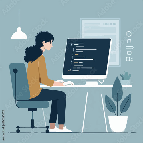 vector illustration of Programmer coding at computer