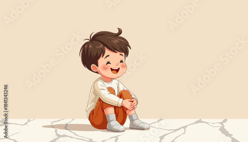 Happy toddler sitting on the floor with knees hugged in a cozy room  