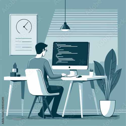 vector illustration of Programmer coding at computer