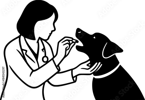 Dog Oral Medicine Silhouette, Vet Administering Treatment to Pet in Minimal Vector Style