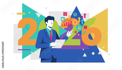 2026 Business Growth Strategy Professional presenting finance forecast and market data