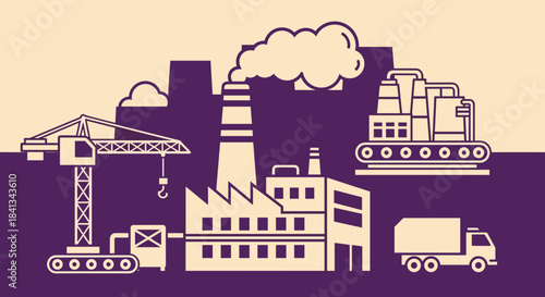 Industrial manufacturing complex with factory construction crane production line and truck