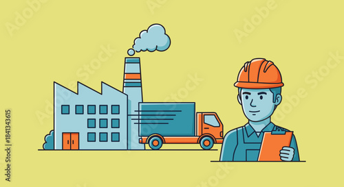 Logistics manager oversees factory production and truck delivery Supply chain manufacturing and industry concept illustration
