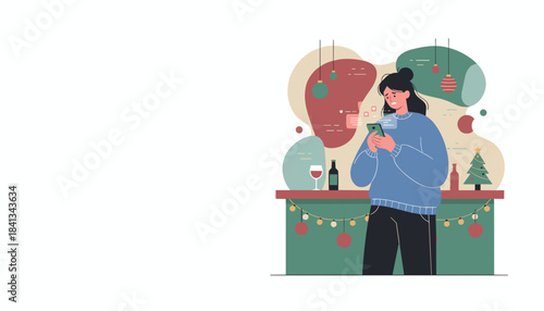 Stressed woman ignores holiday party absorbed in social media notifications on her phone