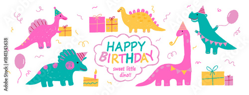 Funny birthday party banner with a cute little dinosaurs. Vector illustration for kids, featuring crayon and pencil doodle sketches. Perfect for creating birthday cards, invitations, and other kids