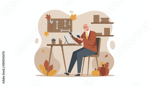 Senior man working remotely at his autumnthemed home office desk balancing business tasks and DIY hobbies