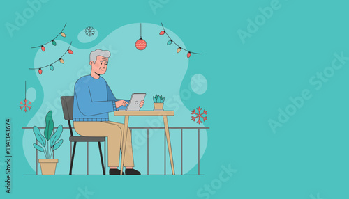 Senior man using tablet on a festive balcony Retirement remote work holiday connectivity
