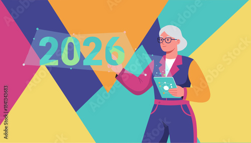 Businesswoman interacting with holographic 2026 projection focusing on future strategy and innovation