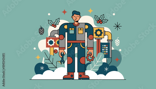 Holiday industry worker illustration Christmas production factory maintenance and winter labor concept