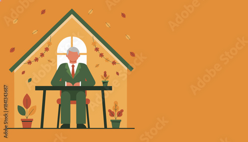 Senior businessman working remotely from home during the autumn season Flat design illustration with copy space