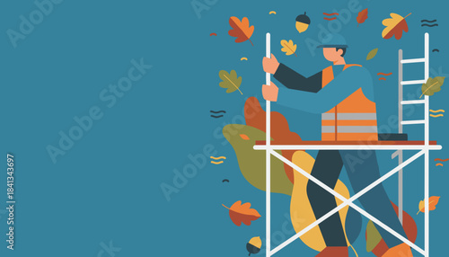Construction worker in safety gear on scaffolding during autumn season maintenance Flat vector graphic