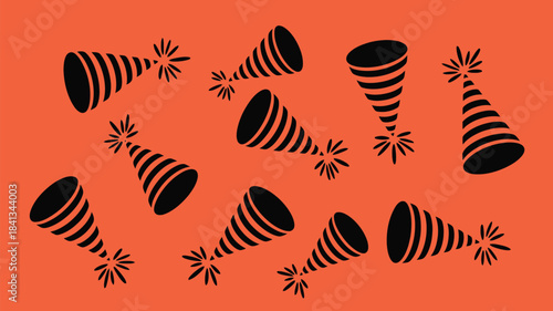 Festive Party Popper Icons on Orange Background - Celebration Event Pattern