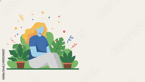 Woman relaxing among houseplants with confetti modern vector illustration offering copy space