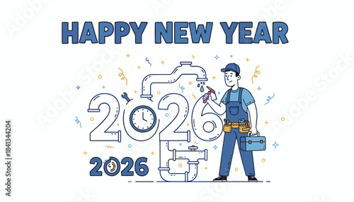 Plumber wishing Happy New Year 2026 Handyman maintenance service greeting card illustration