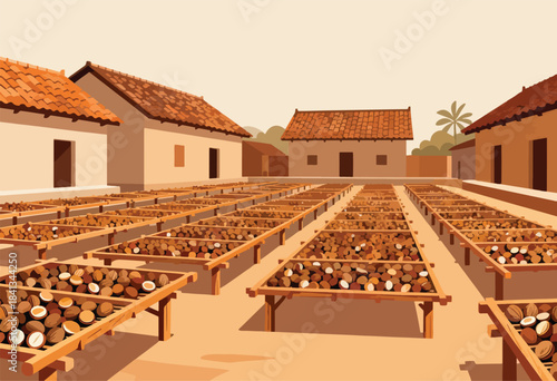 Numerous rows of coconuts drying on wooden racks outside traditional buildings