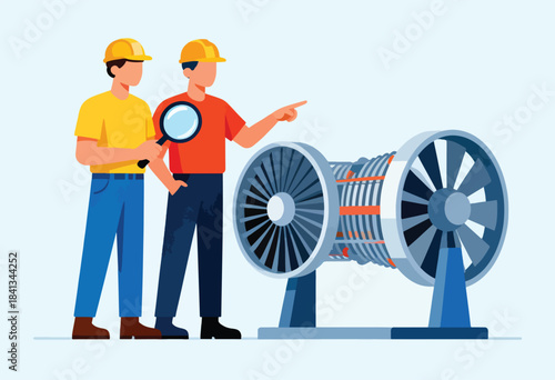 Two workers, one holding a magnifying glass, examine a jet engine