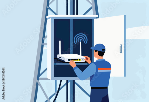 Technician connects device inside utility box on metal tower