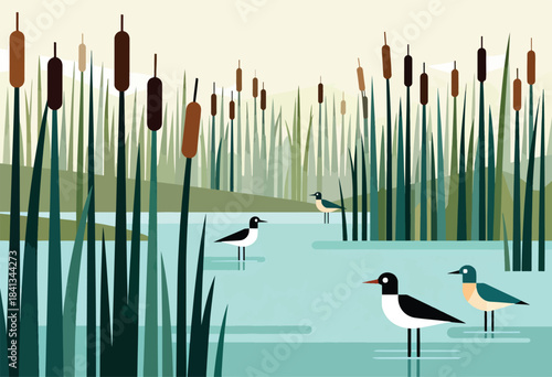 Stylized marsh with cattails and wading birds
