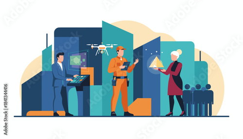 Professionals use technology for engineering data analysis and smart city planning collaboration