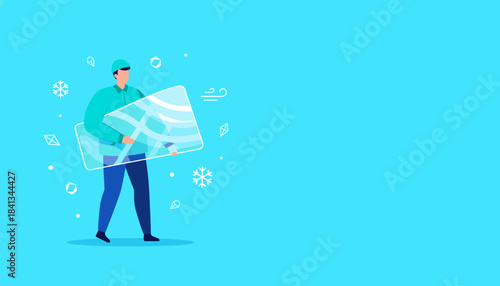 Worker carrying large thermal insulation panel in winter setting Concept of heating energy savings or cold protection