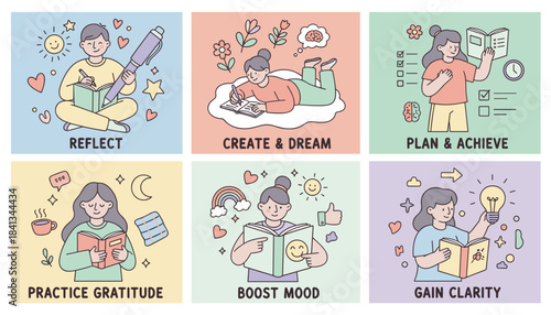 Cute illustration set of people practicing daily habits for mental health reflection planning and gratitude