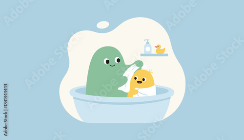 Cute cartoon caregiver drying baby character with a towel after bath time