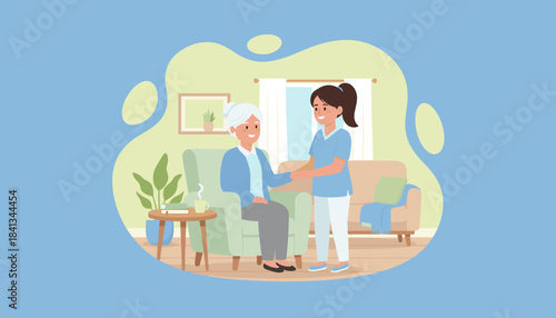 Compassionate caregiver holding an elderly womans hands in a comfortable home setting