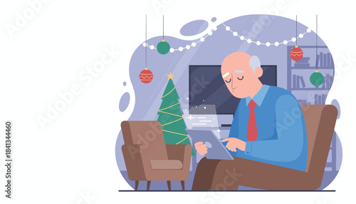 Lonely senior man uses tablet during Christmas isolation concept in a festive setting
