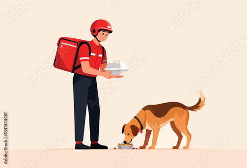 A delivery person offers food to a dog in a bowl