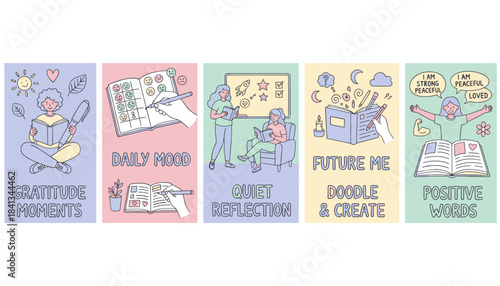 Illustrations for mental wellness gratitude mood tracking reflection and positive affirmation activities