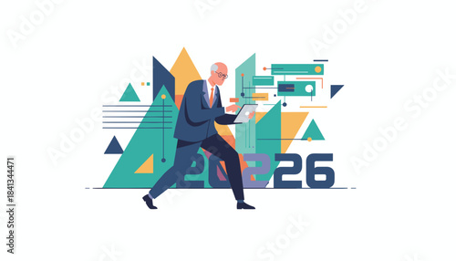 Senior executive plans 2026 future using a tablet surrounded by abstract business growth data
