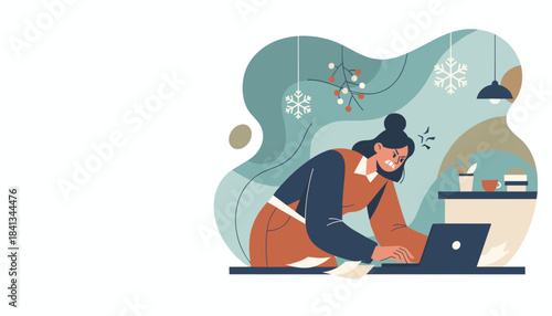 Frustrated employee working intensely on a laptop struggling with winter deadlines and work stress