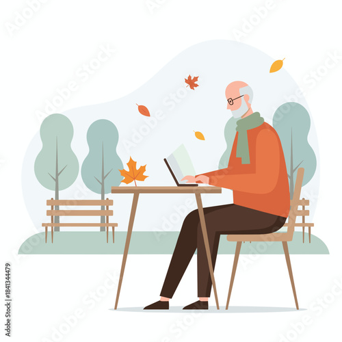 Elderly man working remotely on a laptop in an autumn park Senior technology and casual lifestyle