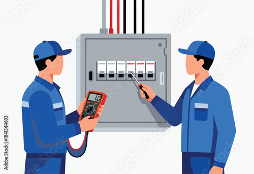 Two electricians test electrical panel with multimeter and screwdriver