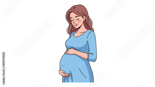 A pregnant woman in a blue dress smiling and touching her belly