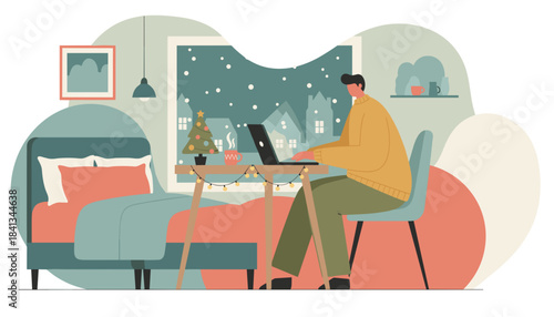 Man remote working on a laptop in a cozy winter bedroom decorated for the holiday season