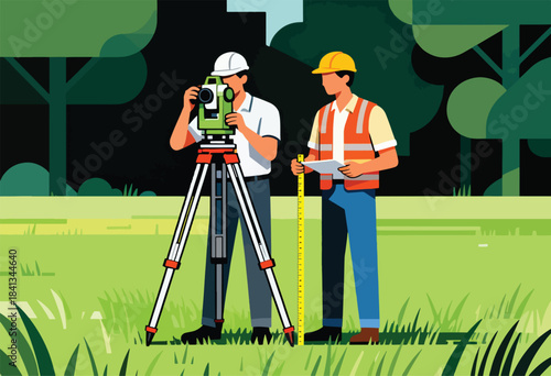 Two surveyors in hard hats using measuring equipment in a grassy field near trees