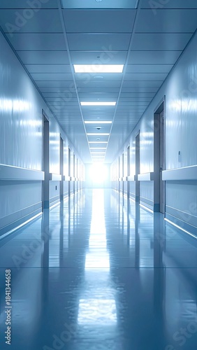 A bright, sterile, and seemingly endless modern hospital or office building corridor.