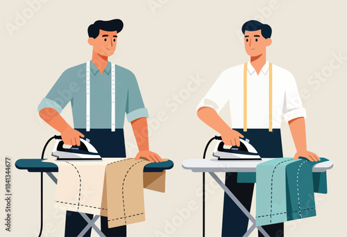 Two men ironing clothes on ironing boards
