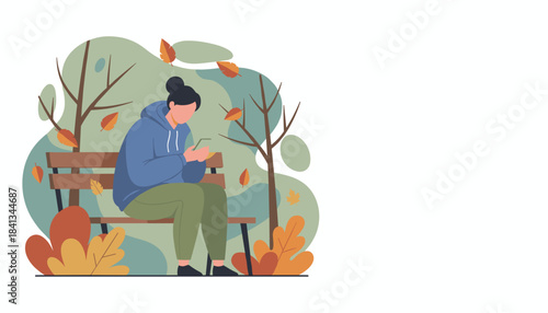 Young person checks their phone while relaxing on a park bench surrounded by fall foliage