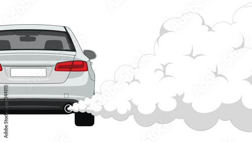 A white car emitting a large cloud of smoke from its exhaust pipe on a clean