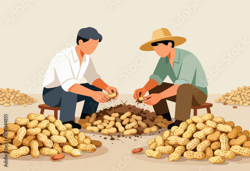 Two men in a field sorting through piles of freshly harvested peanuts