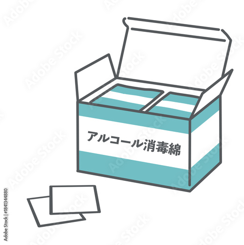 アルコール消毒綿（アルコール綿）の箱と個包装のイラスト