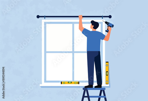 Person installs curtain rod above window, using drill and level