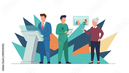 Team of professionals giving a conference presentation with data charts