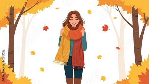 Woman in autumn clothes smiling with scarf and leaves falling around her in forest