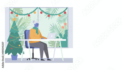 Senior woman working on laptop during Christmas holiday with a tropical view