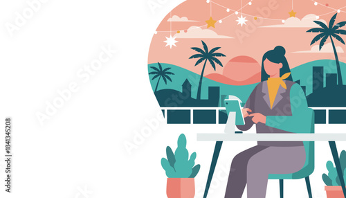 Woman using a tablet outdoors on a city rooftop at sunset combining work and tropical travel
