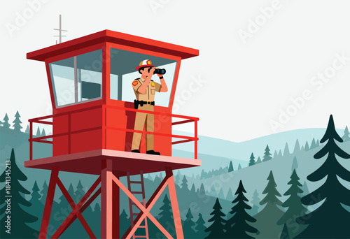 A person in a tower uses binoculars to scan a forested landscape