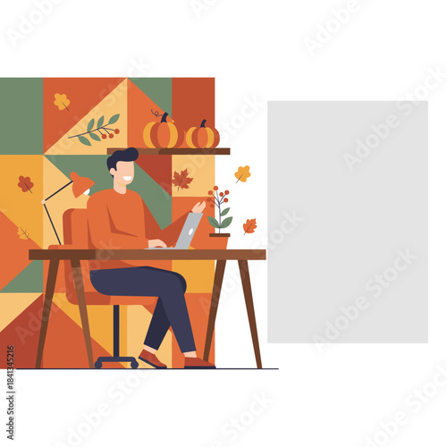 Happy remote worker uses laptop in a cozy autumnthemed home office decorated with fall leaves and pumpkins WFH lifestyle